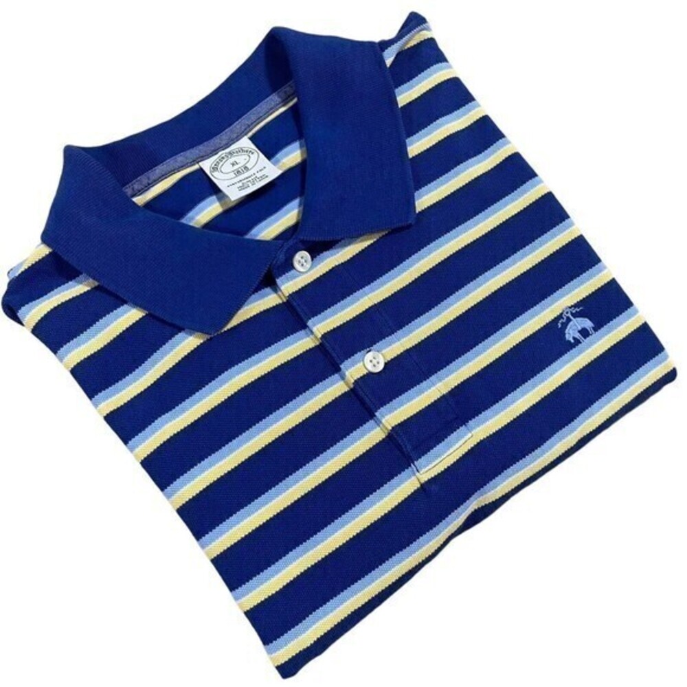 Brooks Brothers Slim Short Sleeve‎ Polo Collared Striped 100% Cotton Blue Sz XL
